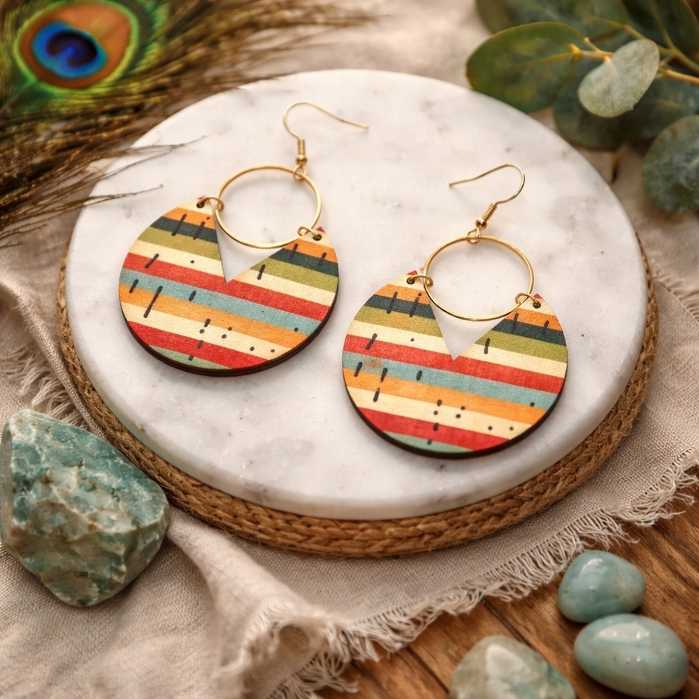 Boho Colorful Striped Geometric Wood Drop Earrings Gold Plated Alloy Statement